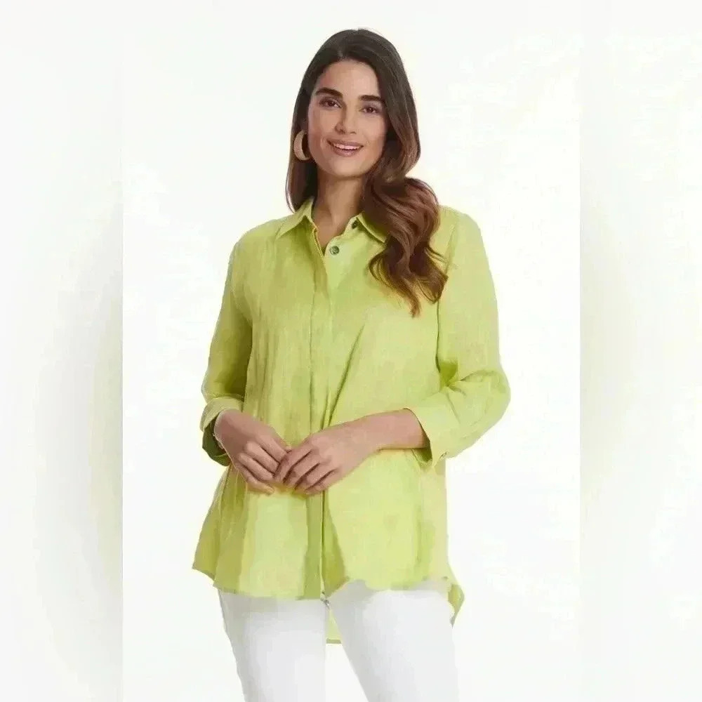 Tyler Boe Dora Linen Button Down Collared Tunic Shirt Wild Lime Womens Sz Medium